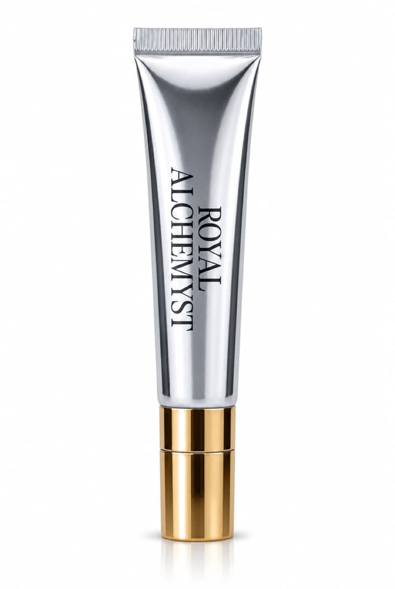A silver Royal Alchemyst squalane lip oil tube with a gold cap